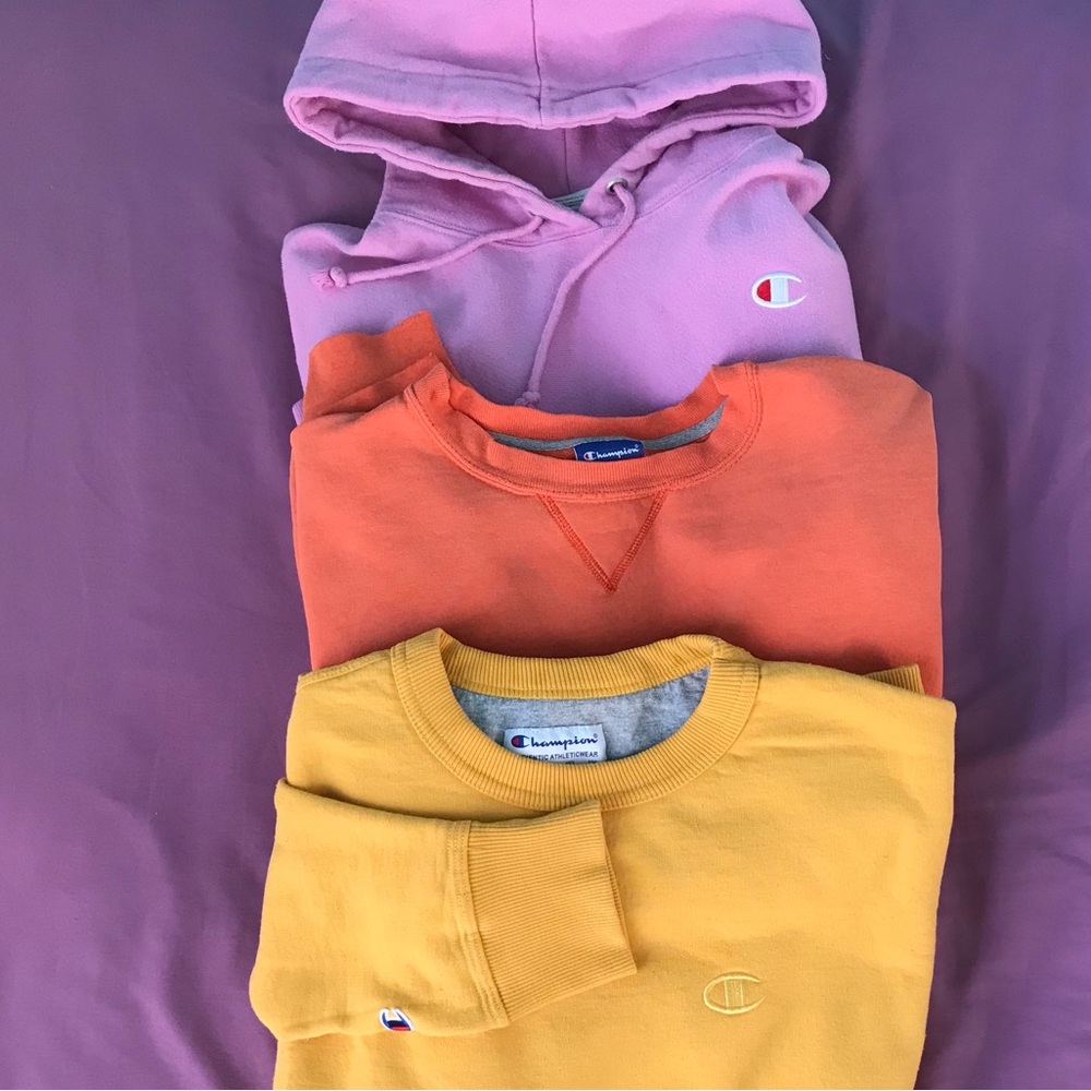 The Trilogy: 3 Classic Champion Sweatshirts.  3 best colors: gold, orange, pink